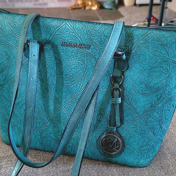 Montana West Teal Tooled Conceal Carry Tote Bag - Picture 3 of 8